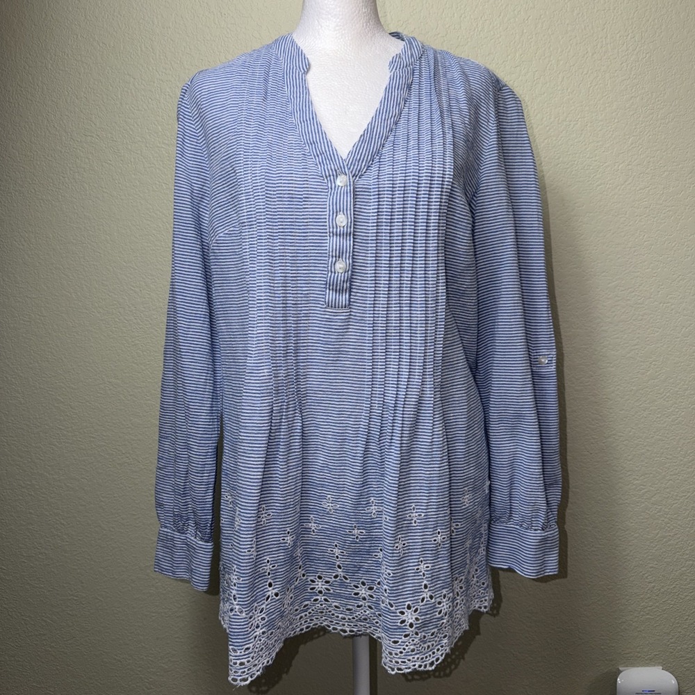Style & Co Womens S Blue White Striped Eyelet Lace Trim Henley Tunic Top Shirt